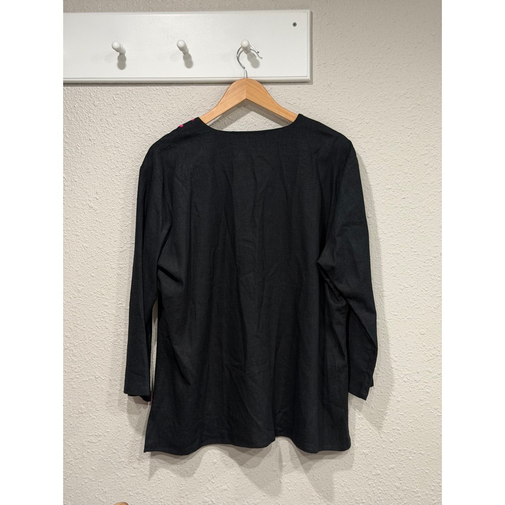 Black Linen Blend Embroidered Floral Tunic Top 1X Boho Chic Festival Folk Resort - Picture 7 of 7